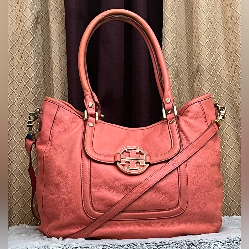 Tory Burch Amanda Pebbled Leather Coral Hobo Bag with Original Long Strap
